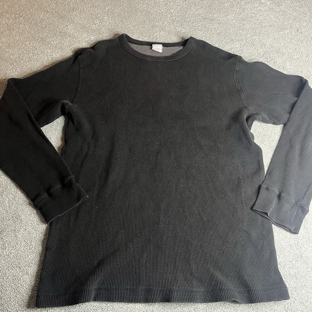 Vintage Old Navy Men Large Black Waffle Knit Thermal Long Sleeve Crewneck Y2K